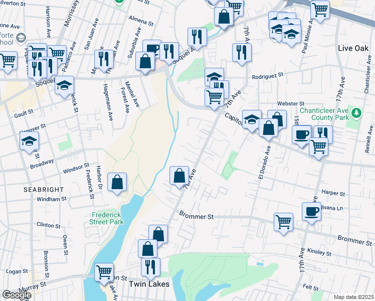 map of restaurants, bars, coffee shops, grocery stores, and more near 1345 7th Avenue in Santa Cruz
