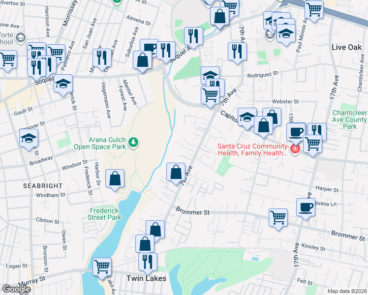 map of restaurants, bars, coffee shops, grocery stores, and more near 1345 7th Avenue in Santa Cruz