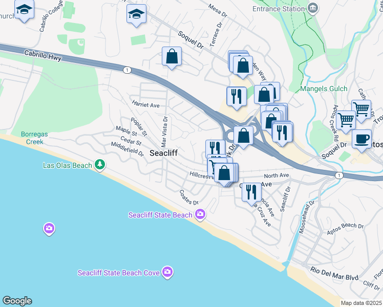 map of restaurants, bars, coffee shops, grocery stores, and more near 125 Sea Ridge Court in Aptos