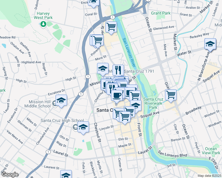 map of restaurants, bars, coffee shops, grocery stores, and more near 109 Mission Street in Santa Cruz