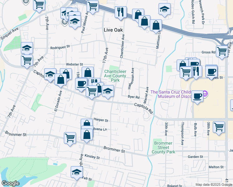 map of restaurants, bars, coffee shops, grocery stores, and more near 1770 Chanticleer Avenue in Santa Cruz