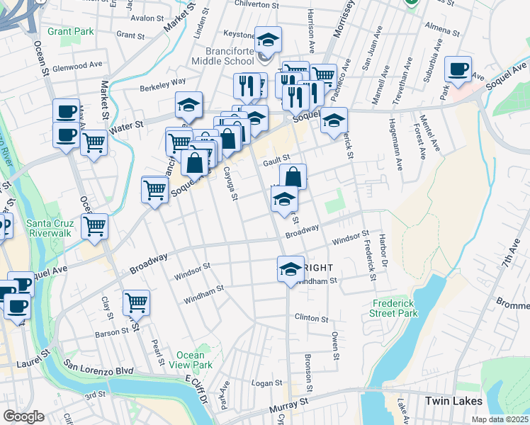 map of restaurants, bars, coffee shops, grocery stores, and more near 119 Effey Street in Santa Cruz