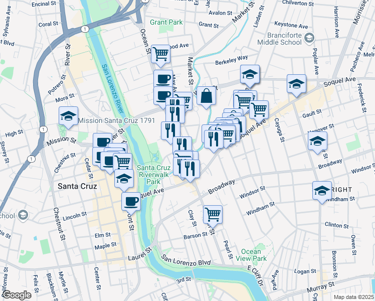 map of restaurants, bars, coffee shops, grocery stores, and more near 600 Ocean Street in Santa Cruz