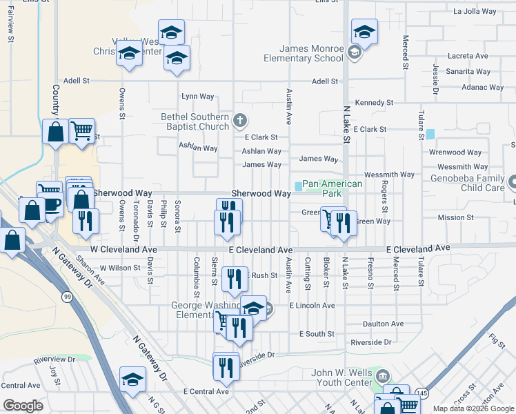 map of restaurants, bars, coffee shops, grocery stores, and more near 1213 Nebraska Avenue in Madera