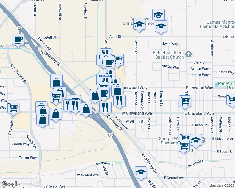 map of restaurants, bars, coffee shops, grocery stores, and more near 1143 Country Club Drive in Madera