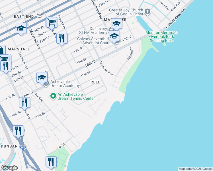 map of restaurants, bars, coffee shops, grocery stores, and more near 1112 Orcutt Avenue in Newport News