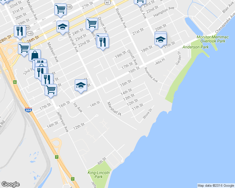 map of restaurants, bars, coffee shops, grocery stores, and more near 851 14th St in Newport News