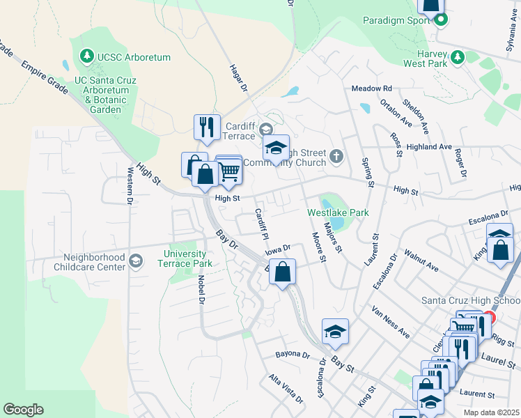 map of restaurants, bars, coffee shops, grocery stores, and more near 230 Cardiff Place in Santa Cruz