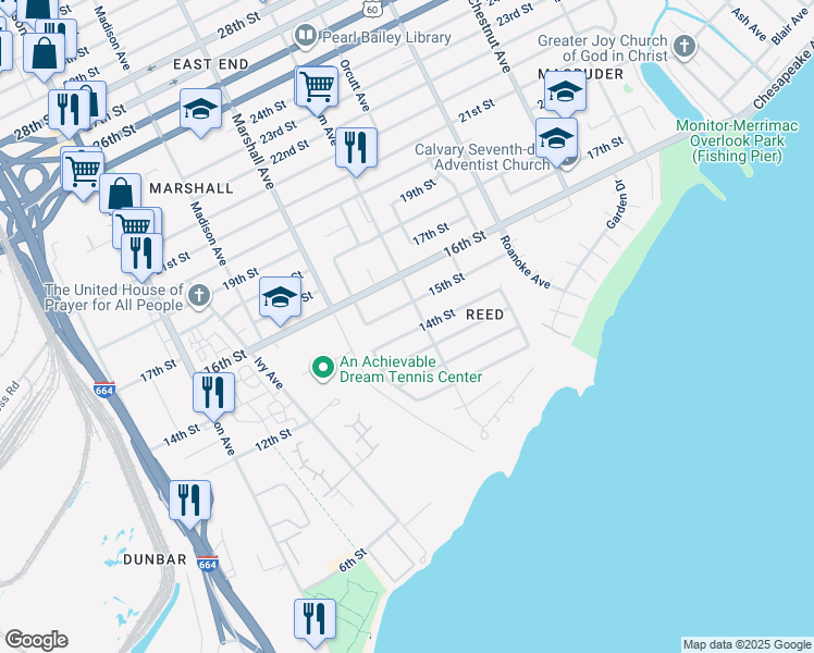 map of restaurants, bars, coffee shops, grocery stores, and more near 851 14th St in Newport News