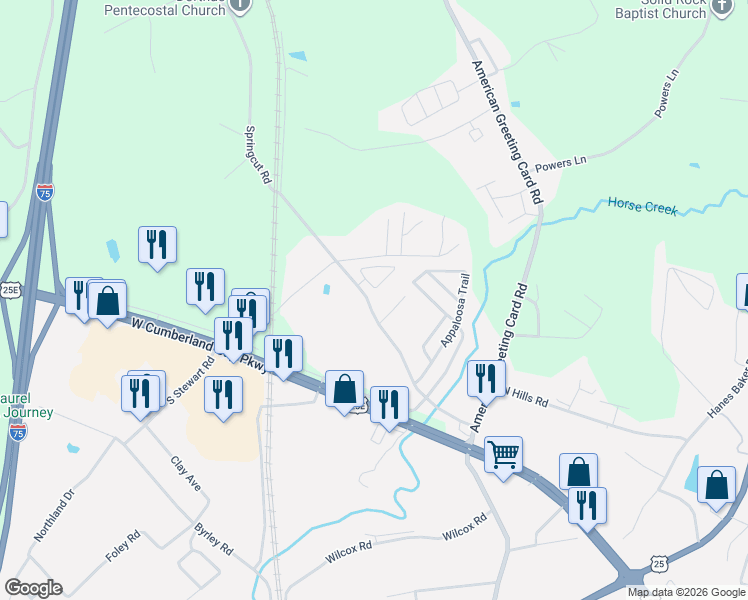 map of restaurants, bars, coffee shops, grocery stores, and more near 3149 North State Highway 1223 in Corbin