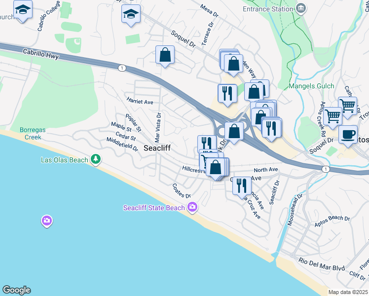 map of restaurants, bars, coffee shops, grocery stores, and more near 114 Sea Ridge Court in Aptos