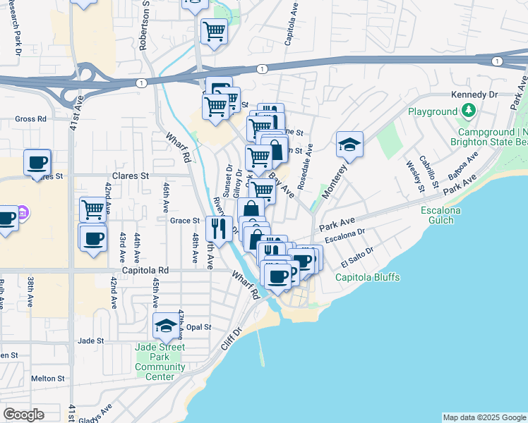 map of restaurants, bars, coffee shops, grocery stores, and more near 523 Burlingame Avenue in Capitola