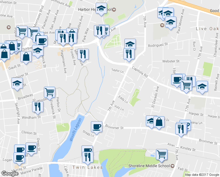 map of restaurants, bars, coffee shops, grocery stores, and more near 1345 7th Avenue in Santa Cruz