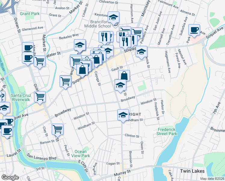 map of restaurants, bars, coffee shops, grocery stores, and more near 119 Effey Street in Santa Cruz