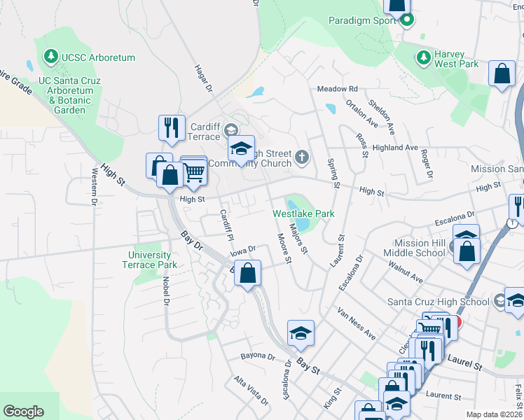 map of restaurants, bars, coffee shops, grocery stores, and more near 339 Moore Street in Santa Cruz