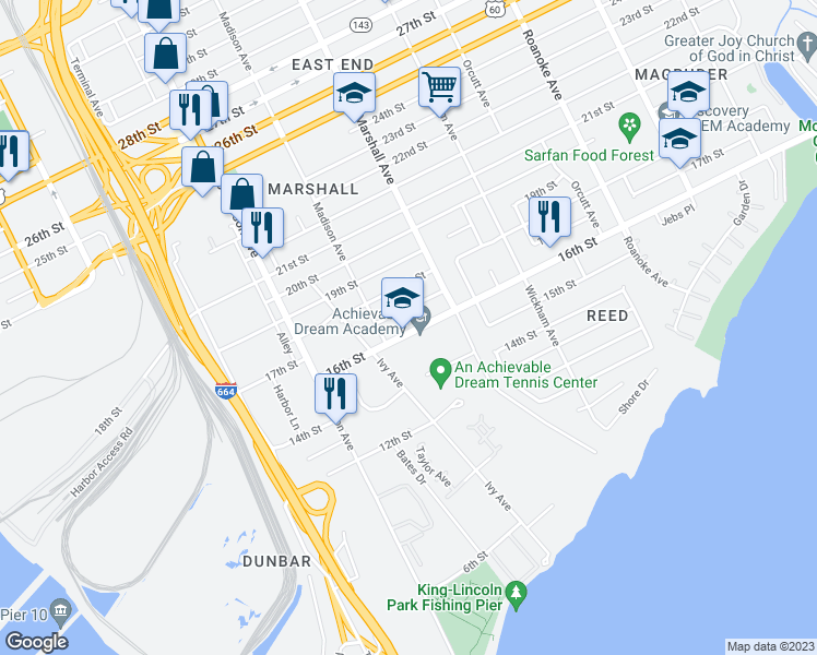 map of restaurants, bars, coffee shops, grocery stores, and more near 721 16th Street in Newport News