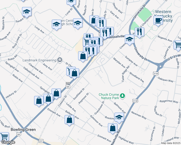 map of restaurants, bars, coffee shops, grocery stores, and more near 1948 Creason Street in Bowling Green