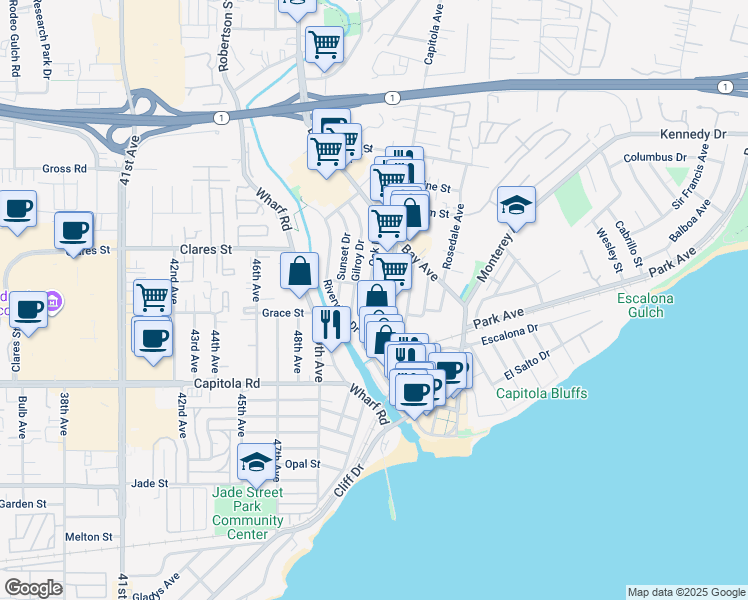 map of restaurants, bars, coffee shops, grocery stores, and more near 522 Oak Drive in Capitola