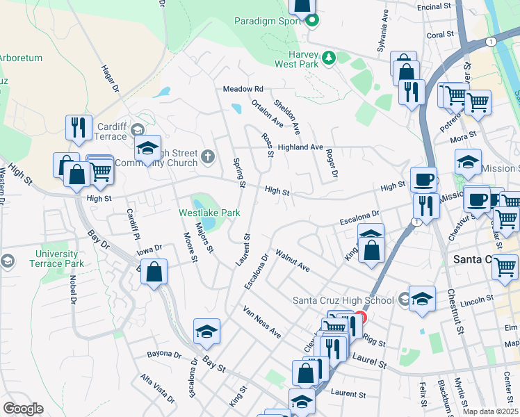 map of restaurants, bars, coffee shops, grocery stores, and more near 1212 Laurent Street in Santa Cruz