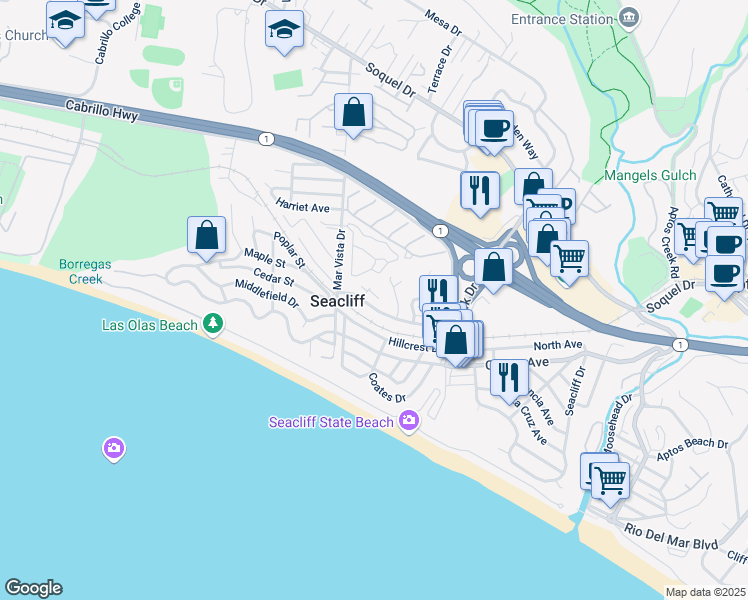 map of restaurants, bars, coffee shops, grocery stores, and more near 358 Sea Ridge Road in Aptos