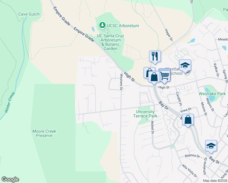 map of restaurants, bars, coffee shops, grocery stores, and more near 107 Moore Creek Road in Santa Cruz