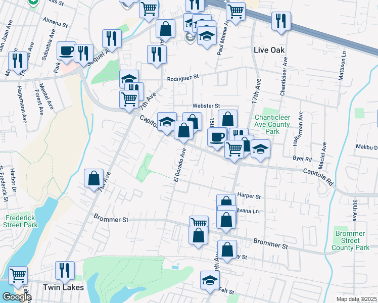 map of restaurants, bars, coffee shops, grocery stores, and more near 1200 Capitola Road in Santa Cruz
