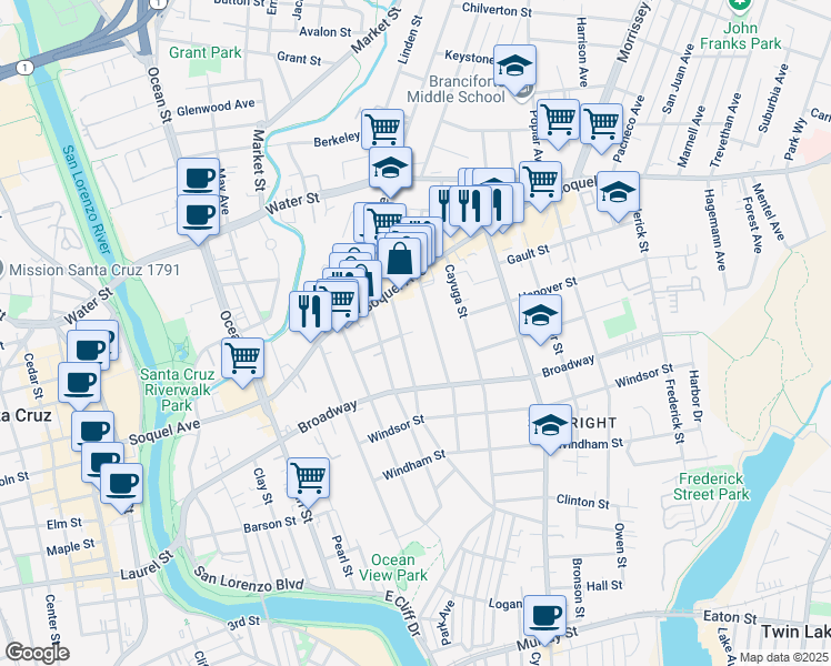 map of restaurants, bars, coffee shops, grocery stores, and more near 302 Hanover Street in Santa Cruz