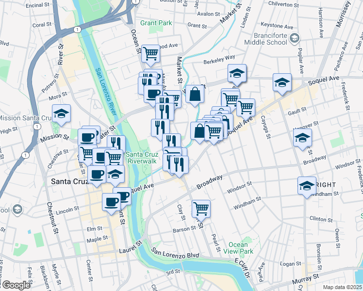 map of restaurants, bars, coffee shops, grocery stores, and more near 216 Dakota Avenue in Santa Cruz