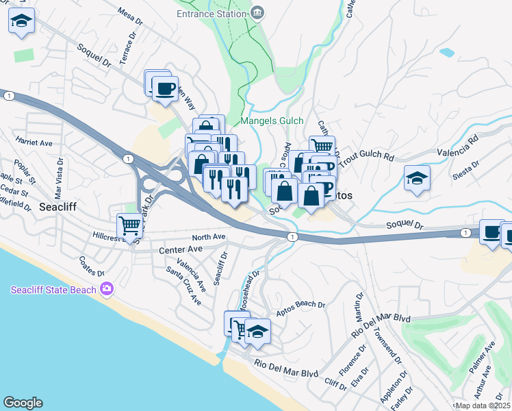 map of restaurants, bars, coffee shops, grocery stores, and more near 7970 Soquel Drive in Aptos