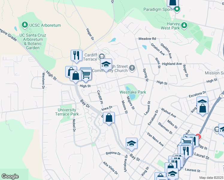 map of restaurants, bars, coffee shops, grocery stores, and more near 305 Village Circle in Santa Cruz