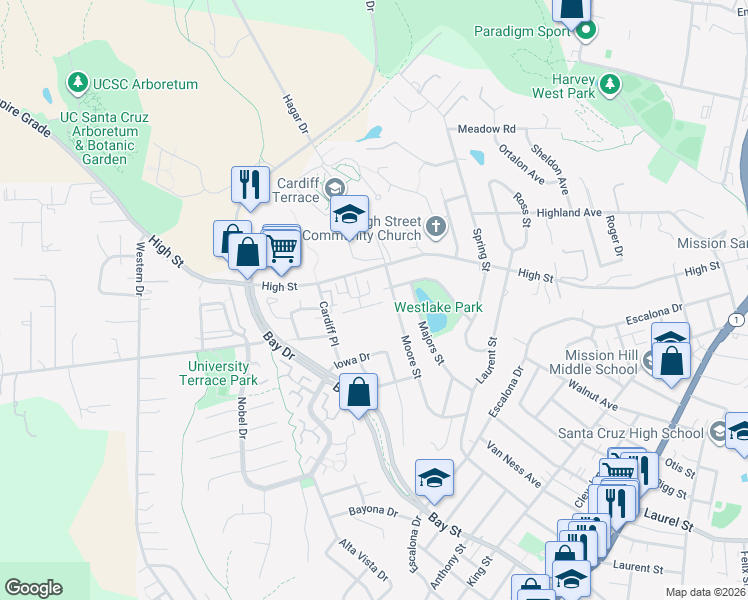 map of restaurants, bars, coffee shops, grocery stores, and more near 309 Village Circle in Santa Cruz