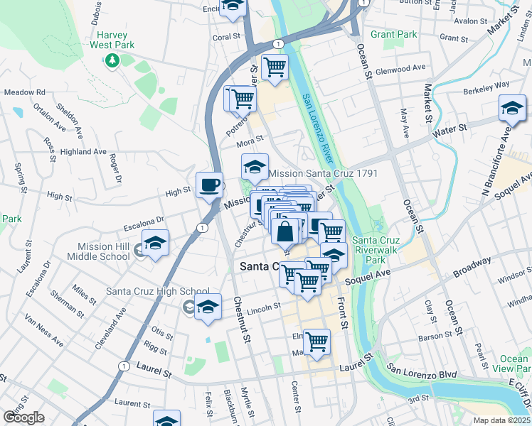 map of restaurants, bars, coffee shops, grocery stores, and more near 747 Chestnut Street in Santa Cruz