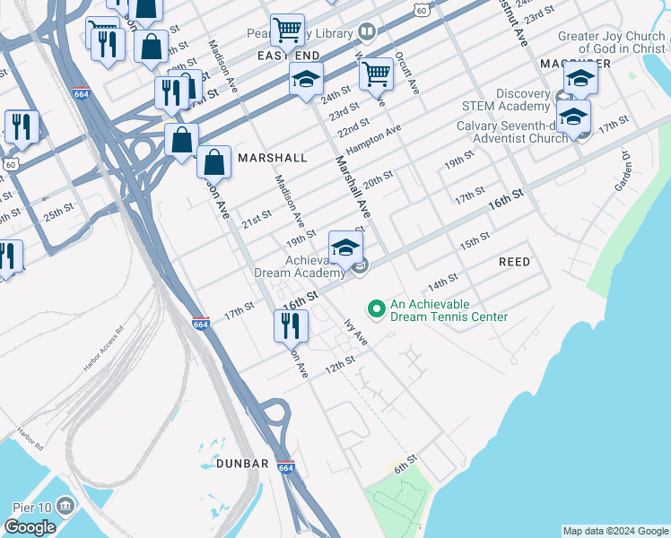 map of restaurants, bars, coffee shops, grocery stores, and more near 708 17th Street in Newport News
