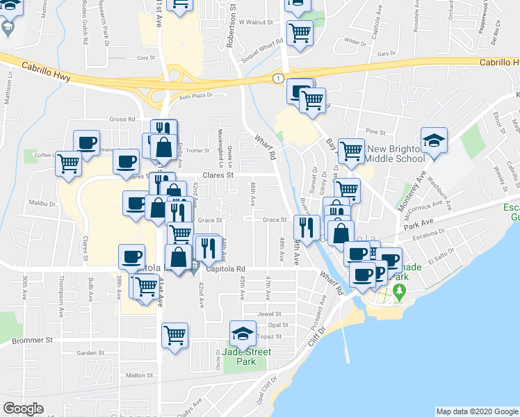 map of restaurants, bars, coffee shops, grocery stores, and more near 1870 46th Avenue in Capitola