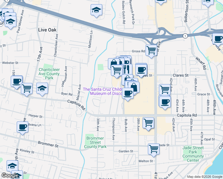 map of restaurants, bars, coffee shops, grocery stores, and more near 1916 Lotman Drive in Santa Cruz