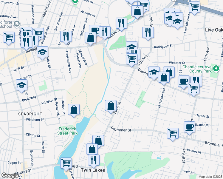 map of restaurants, bars, coffee shops, grocery stores, and more near 1345 7th Avenue in Santa Cruz