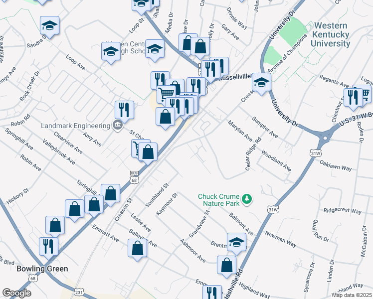 map of restaurants, bars, coffee shops, grocery stores, and more near 1948 Creason Street in Bowling Green