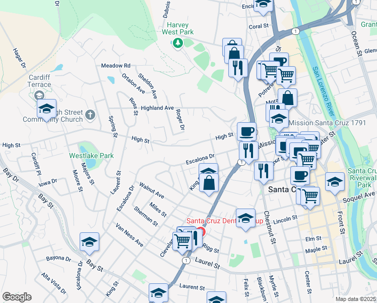 map of restaurants, bars, coffee shops, grocery stores, and more near 449 High Street in Santa Cruz
