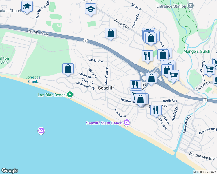 map of restaurants, bars, coffee shops, grocery stores, and more near 399 Sea Ridge Road in Aptos