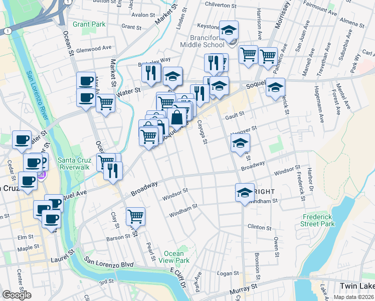 map of restaurants, bars, coffee shops, grocery stores, and more near 343 Pennsylvania Avenue in Santa Cruz