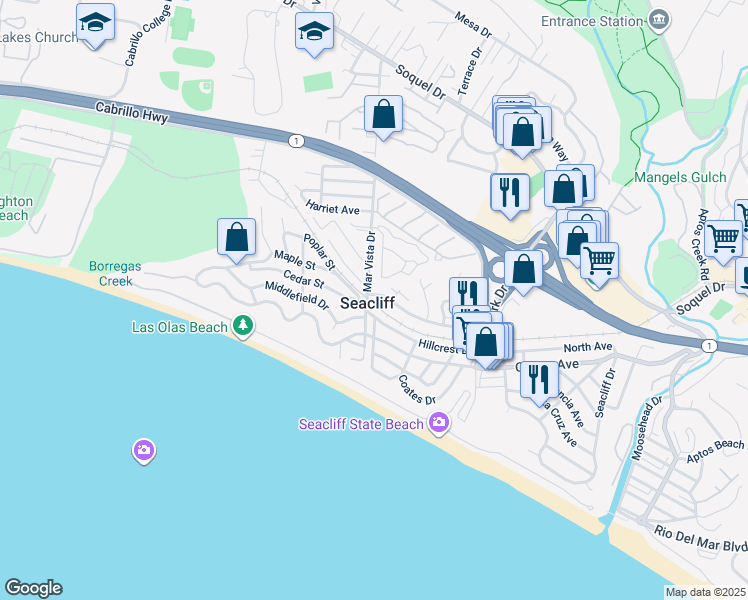 map of restaurants, bars, coffee shops, grocery stores, and more near 399 Sea Ridge Road in Aptos