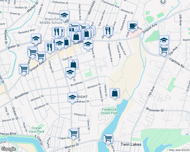 map of restaurants, bars, coffee shops, grocery stores, and more near 433 Frederick Street in Santa Cruz