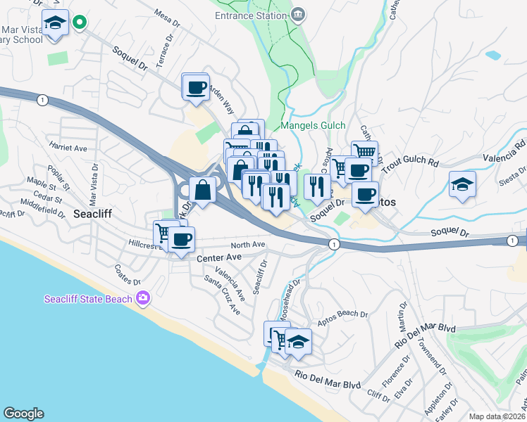 map of restaurants, bars, coffee shops, grocery stores, and more near 121 Rancho Del Mar in Aptos