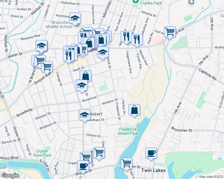 map of restaurants, bars, coffee shops, grocery stores, and more near 433 Frederick Street in Santa Cruz