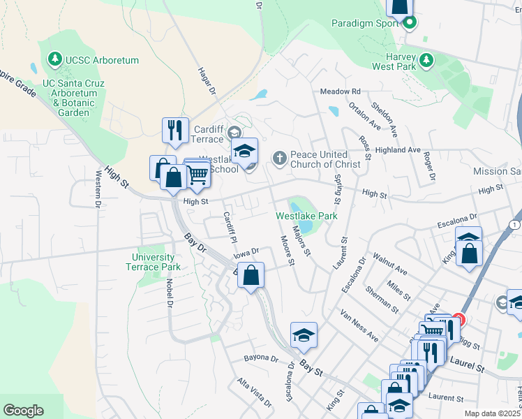 map of restaurants, bars, coffee shops, grocery stores, and more near 309 Village Circle in Santa Cruz