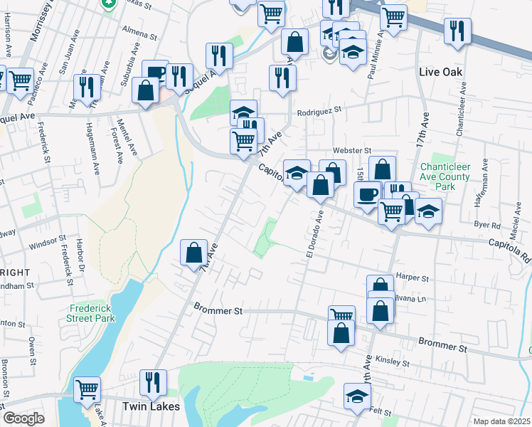 map of restaurants, bars, coffee shops, grocery stores, and more near 161 Harbor Oaks Circle in Santa Cruz