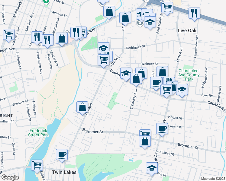 map of restaurants, bars, coffee shops, grocery stores, and more near 161 Harbor Oaks Circle in Santa Cruz
