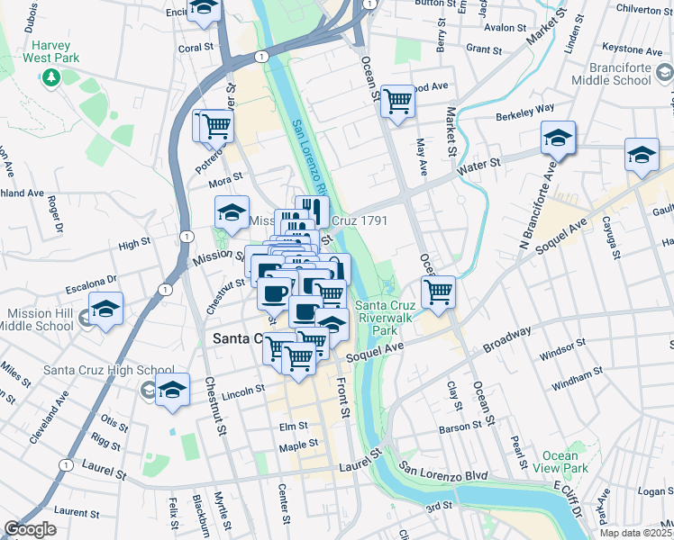 map of restaurants, bars, coffee shops, grocery stores, and more near 74 River Street South in Santa Cruz