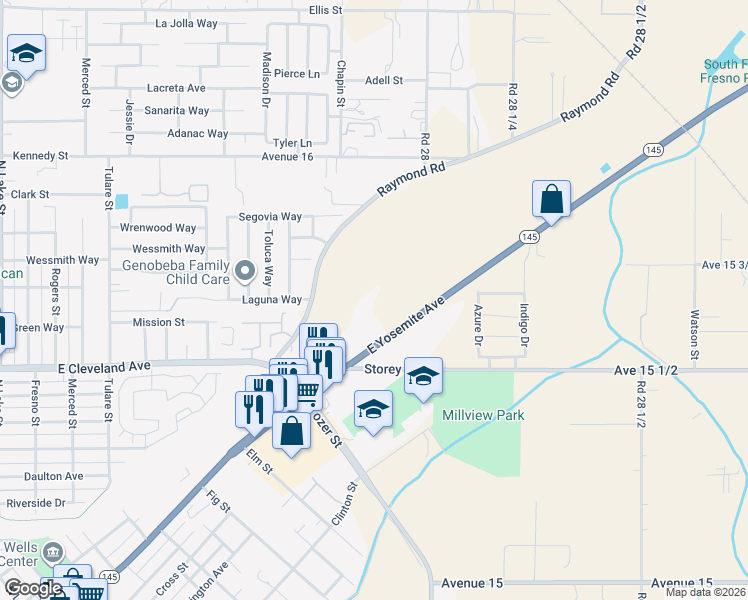 map of restaurants, bars, coffee shops, grocery stores, and more near 27825 California 145 in Madera