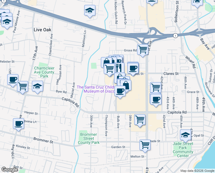 map of restaurants, bars, coffee shops, grocery stores, and more near 1916 Lotman Drive in Santa Cruz
